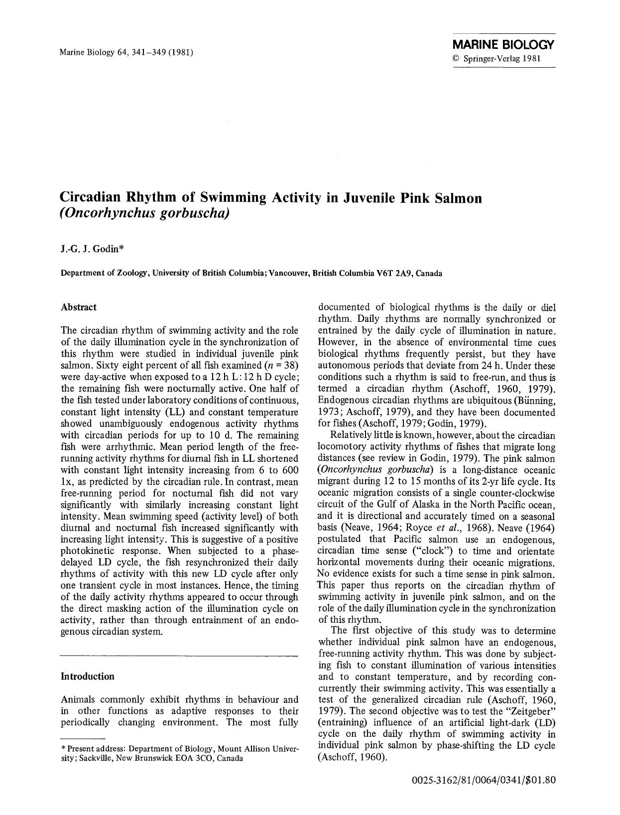 Circadian rhythm of swimming activity in juvenile pink salmon (<Emphasis Type="Italic">Oncorhynchus gorbuscha<Emphasis>) by Unknown