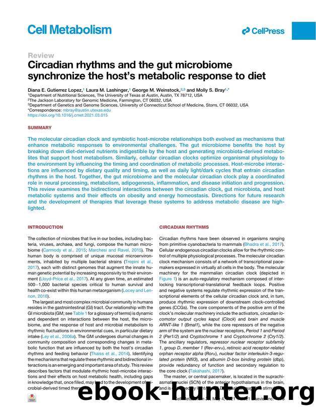 Circadian rhythms and the gut microbiome synchronize the host's metabolic response to diet by Diana E. Gutierrez Lopez & Laura M. Lashinger & George M. Weinstock & Molly S. Bray