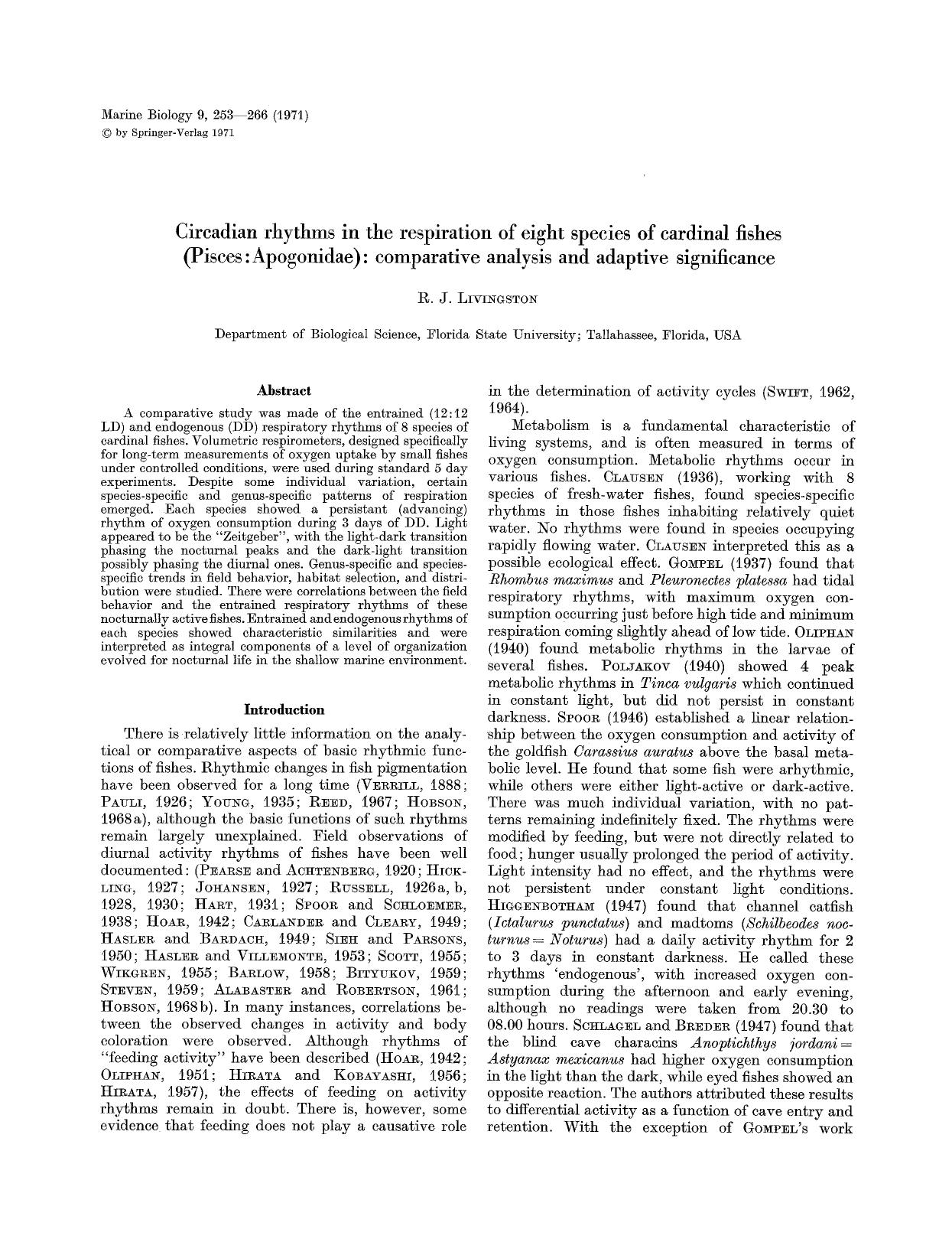 Circadian rhythms in the respiration of eight species of cardinal fishes (Pisces: Apogonidae): comparative analysis and adaptive significance by Unknown