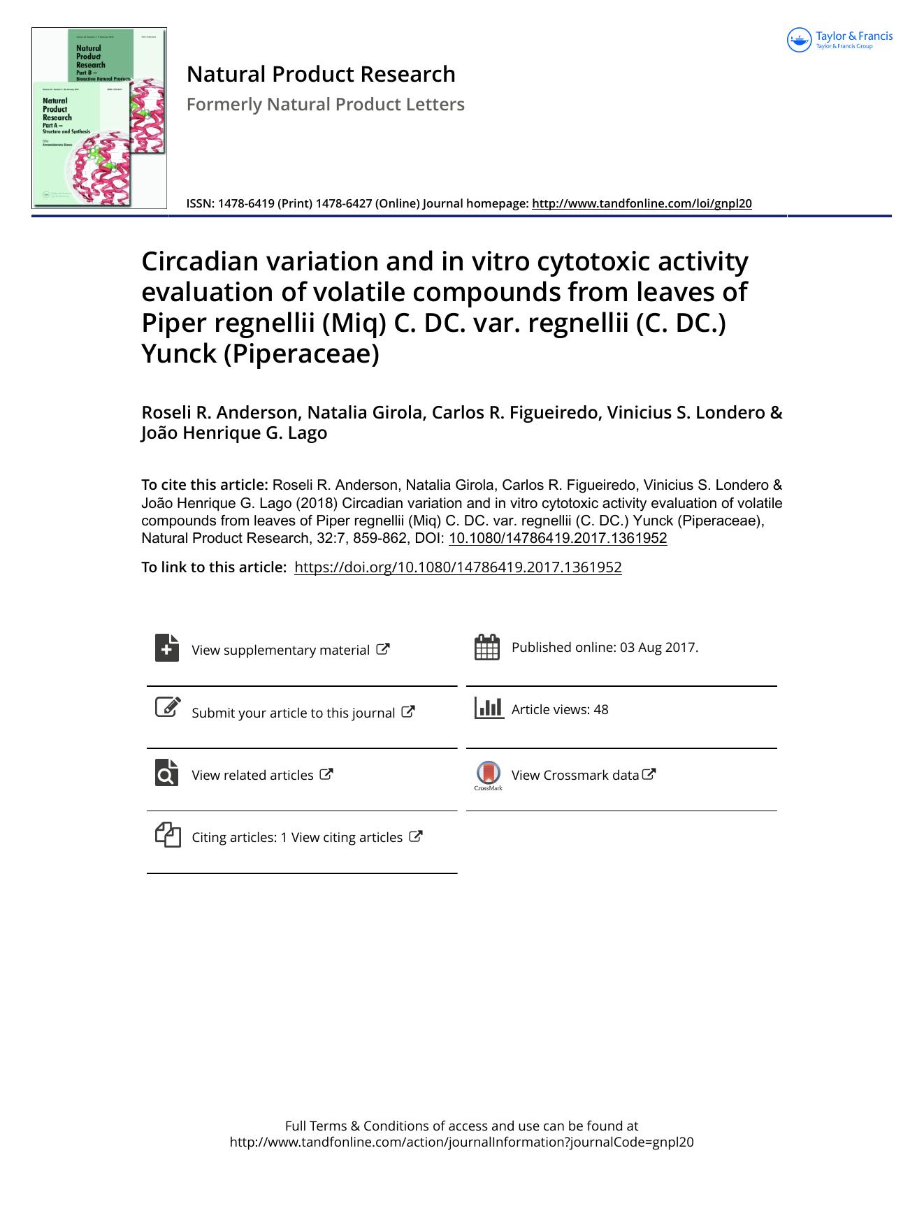 Circadian variation and in vitro cytotoxic activity evaluation of volatile compounds from leaves of Piper regnellii (Miq) C. DC. var. regnellii (C. DC.) Yunck (Piperaceae) by unknow