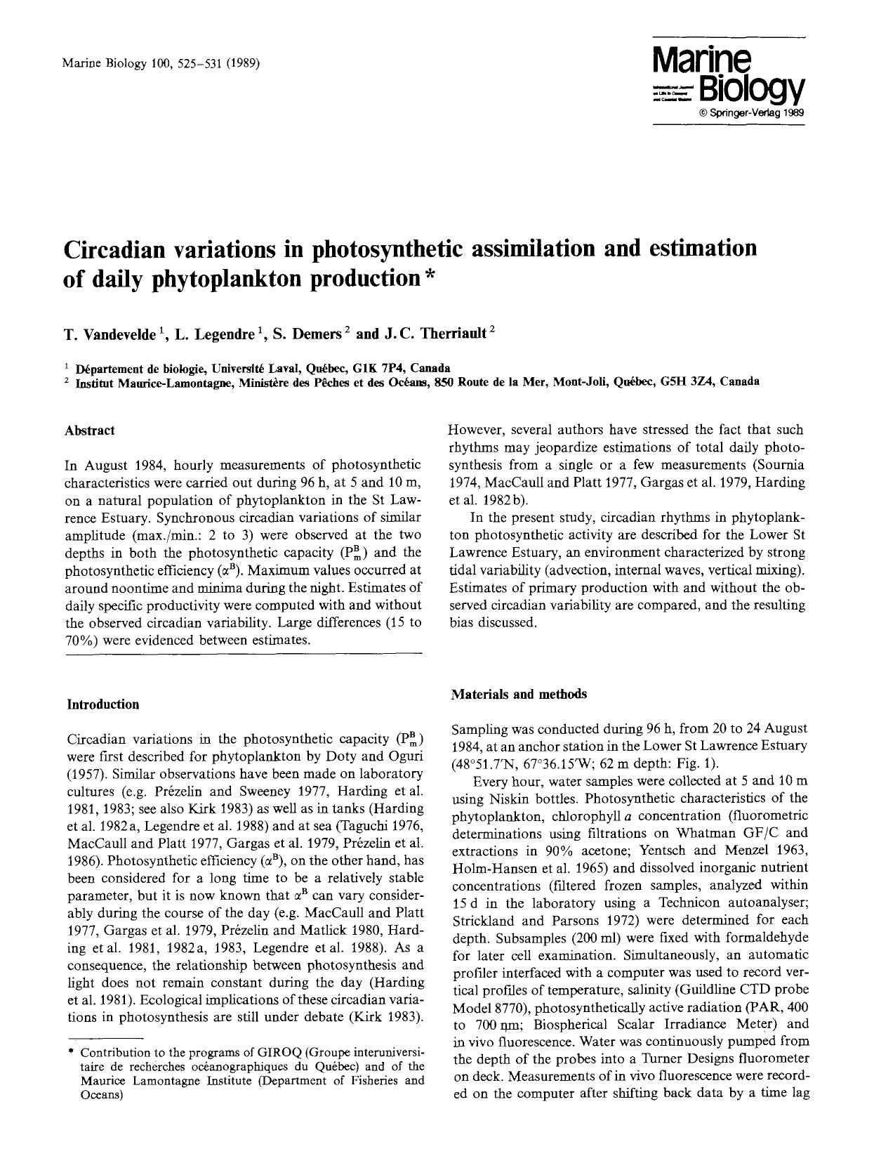 Circadian variations in photosynthetic assimilation and estimation of daily phytoplankton production by Unknown