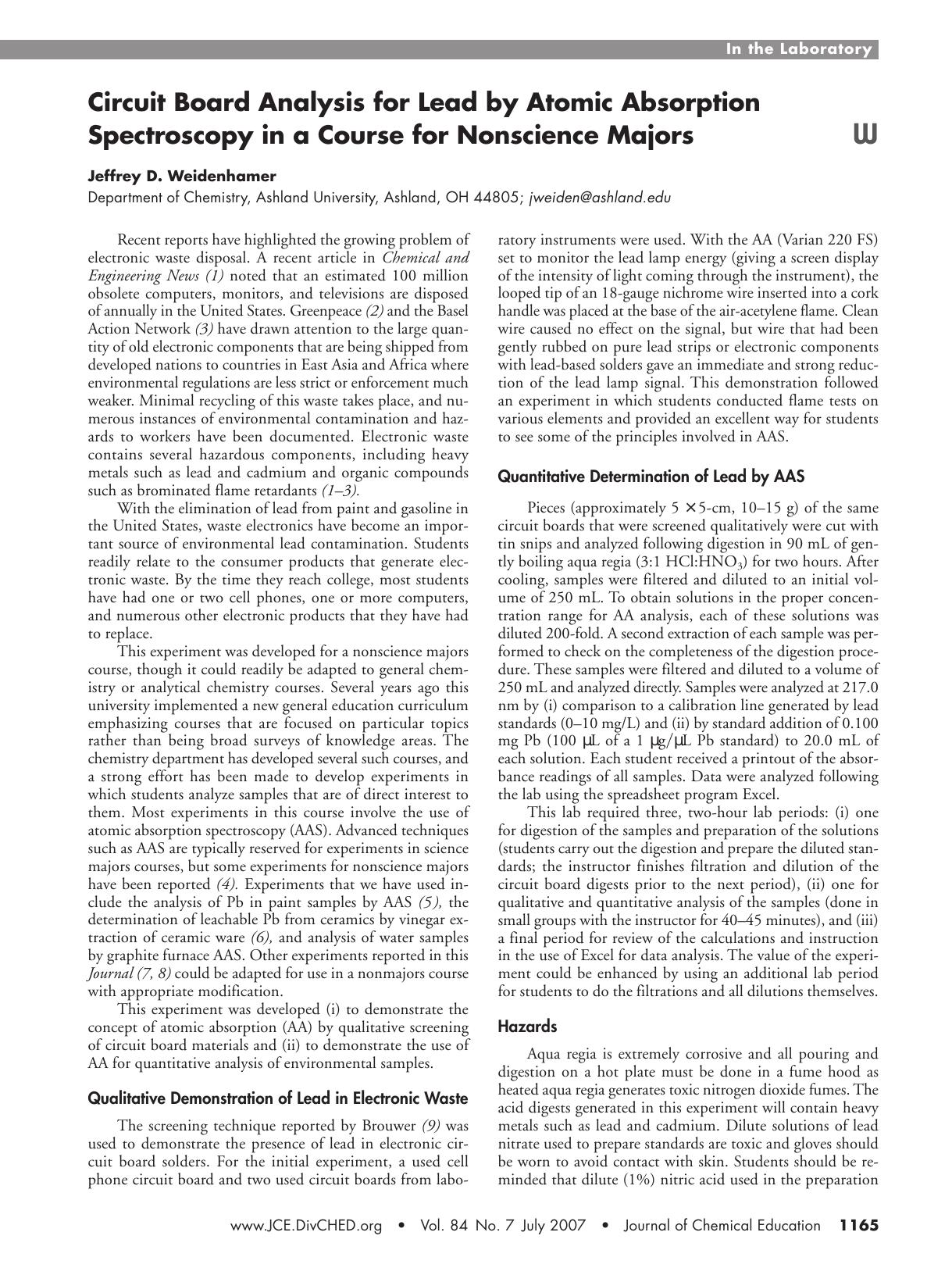 Circuit Board Analysis for Lead by Atomic Absorption Spectroscopy in a Course for Nonscience Majors by Jeffrey D. Weidenhamer