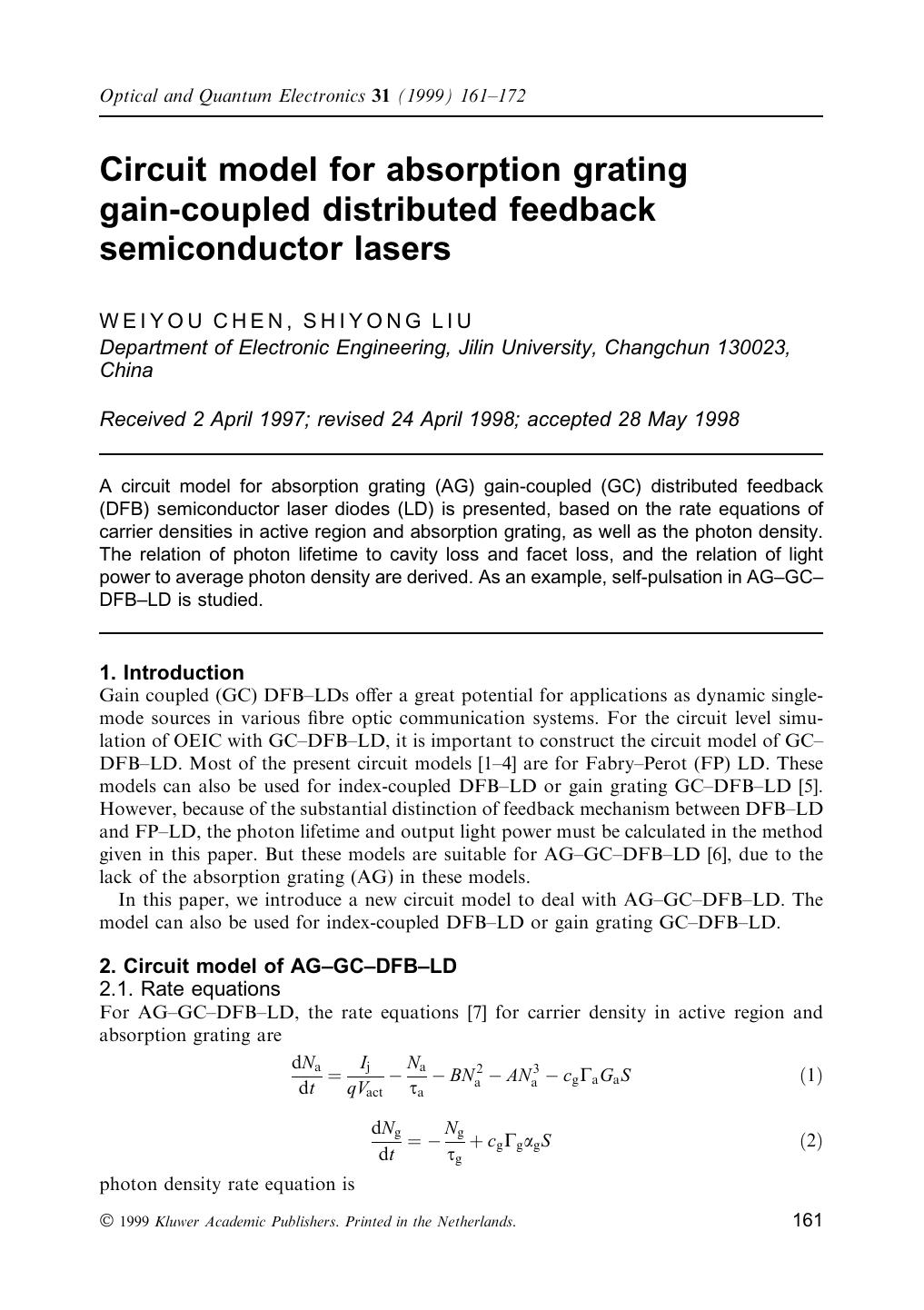 Circuit model for absorption grating gain-coupled distributed feedback semiconductor lasers by Unknown