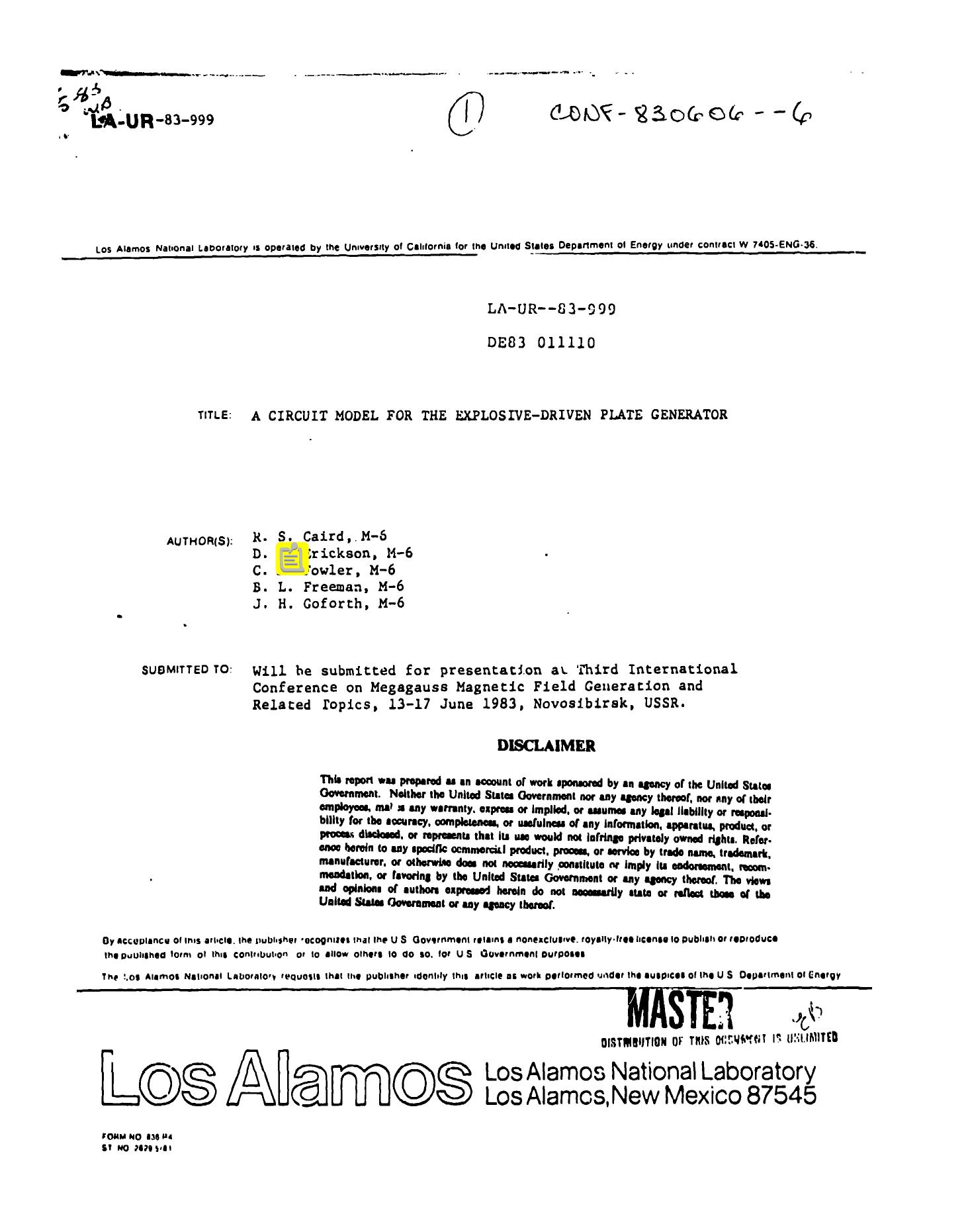 Circuit model for the explosive-driven plate generator None by LANL Research Library LWW Project