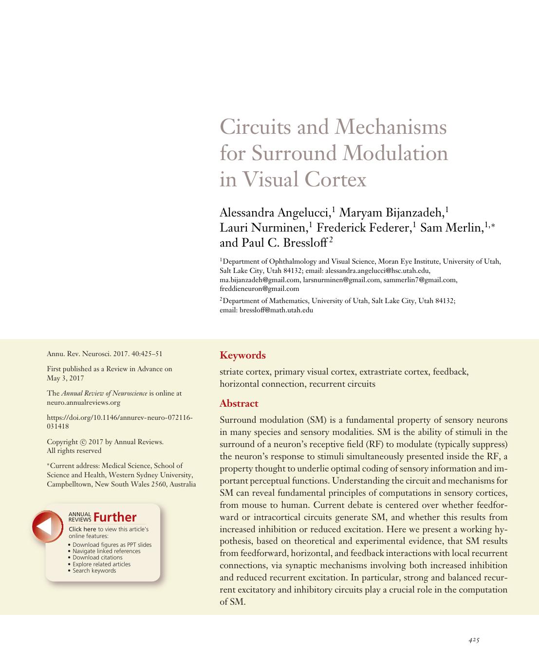 Circuits and Mechanisms for Surround Modulation in Visual Cortex by unknow