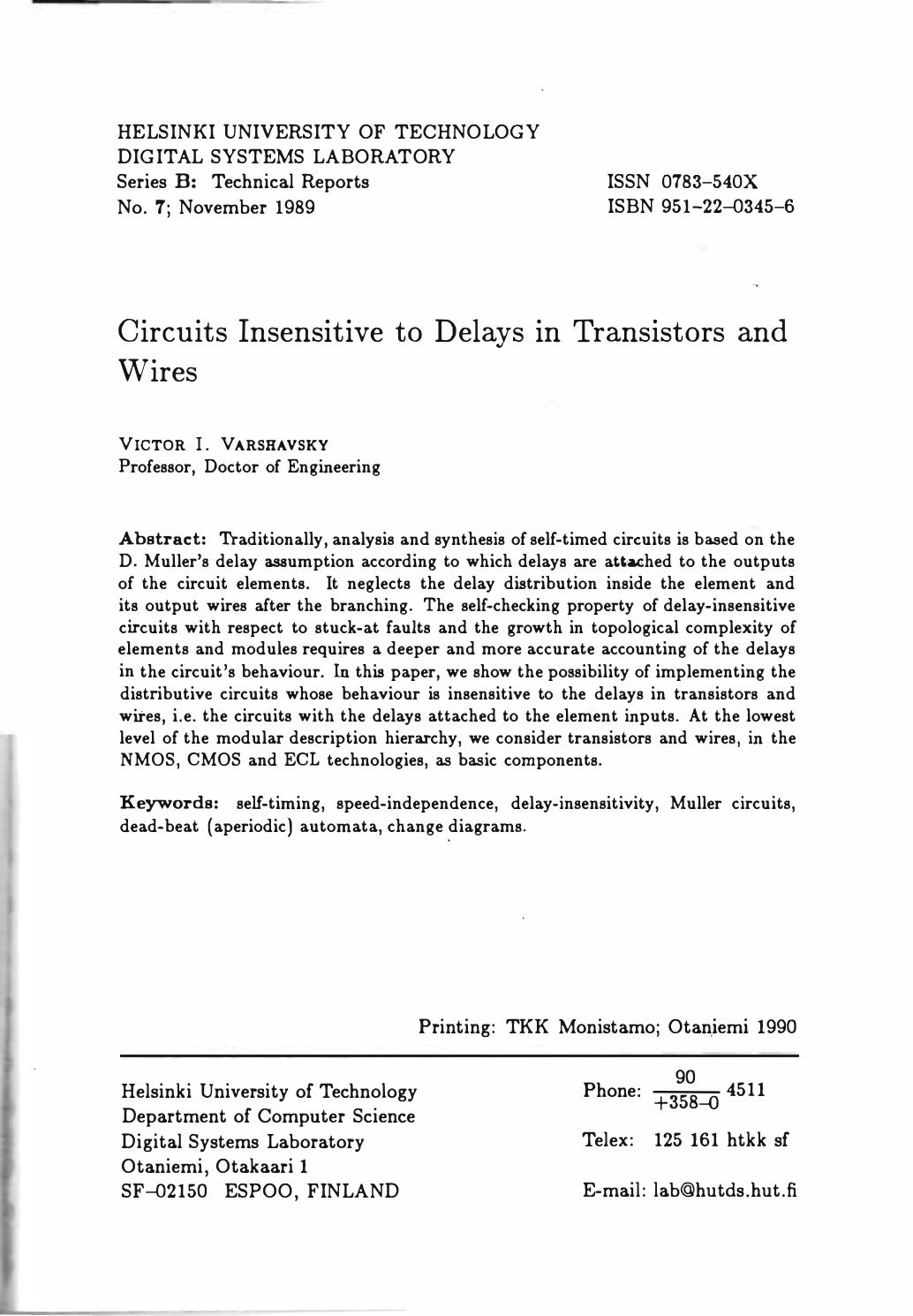 Circuits insensitive to delays in transistors and wires by Victor I. Varshavsky