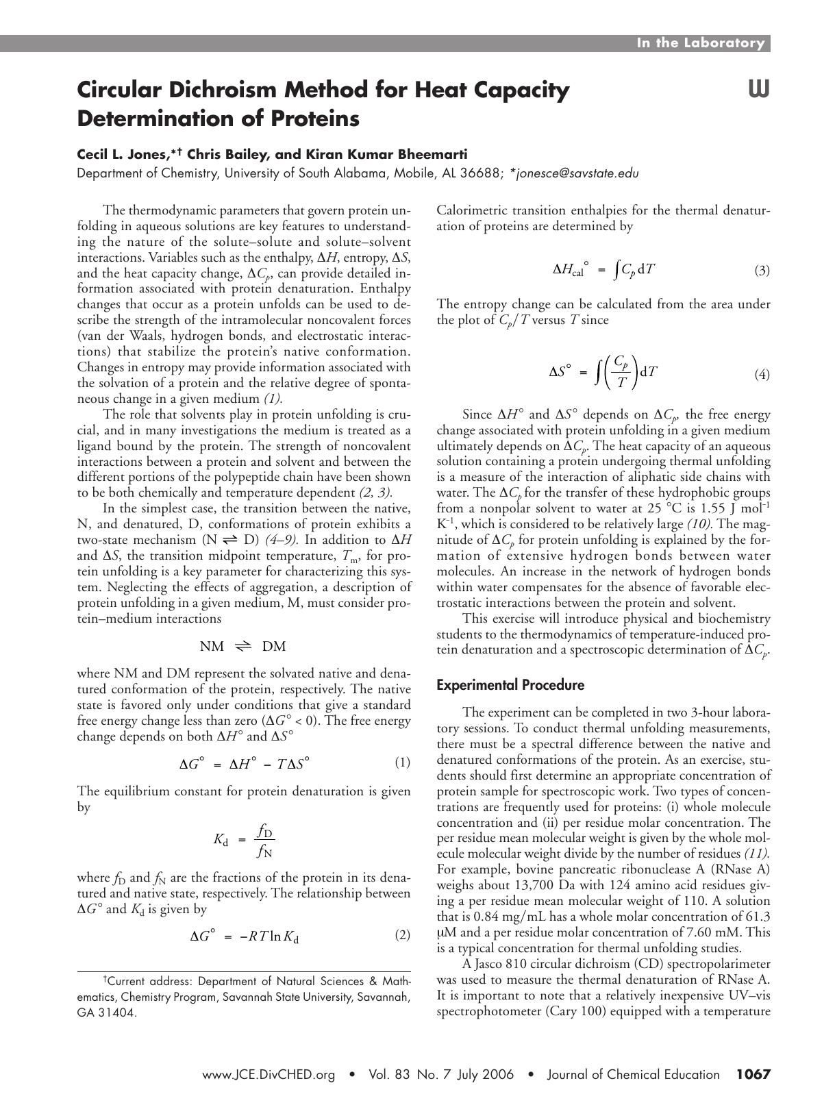 Circular Dichroism Method for Heat Capacity Determination of Proteins by Cecil L. Jones Chris Bailey & Kiran Kumar Bheemarti