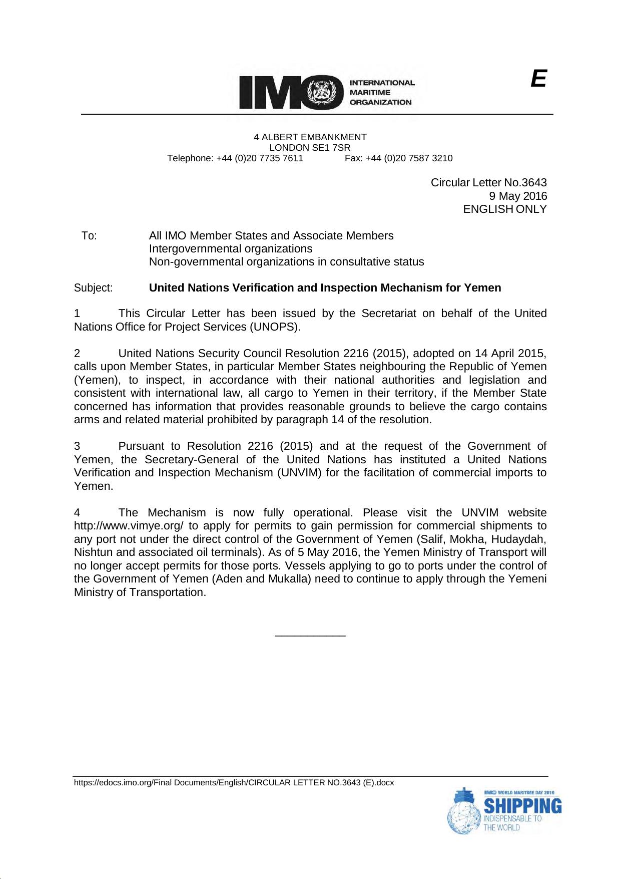 Circular Letter No. 3643 - United Nations Verification and Inspection Mechanism for Yemen by Redistributed by Regs4ships Ltd