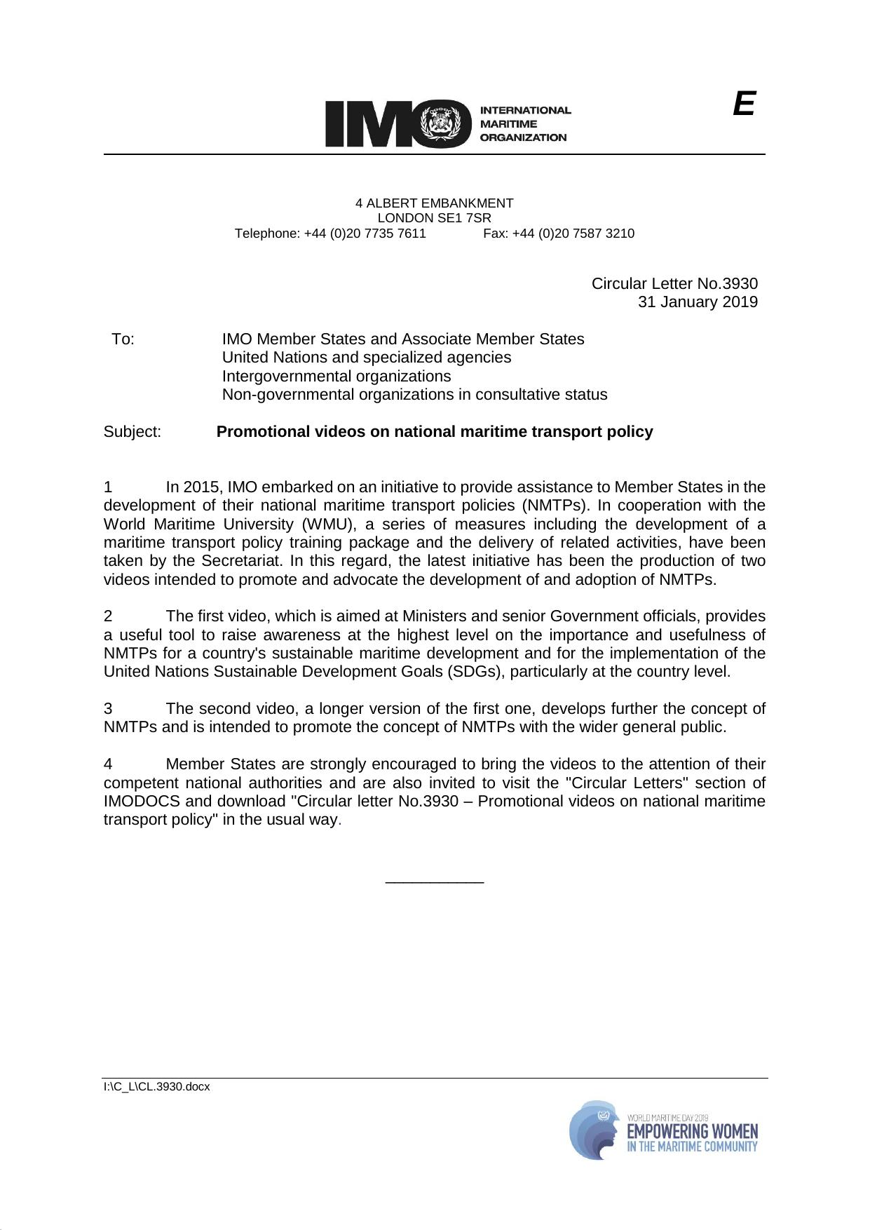 Circular Letter No. 3930 - Promotional Videos on National Maritime Transport Policy by ValÃ©rie Cheer