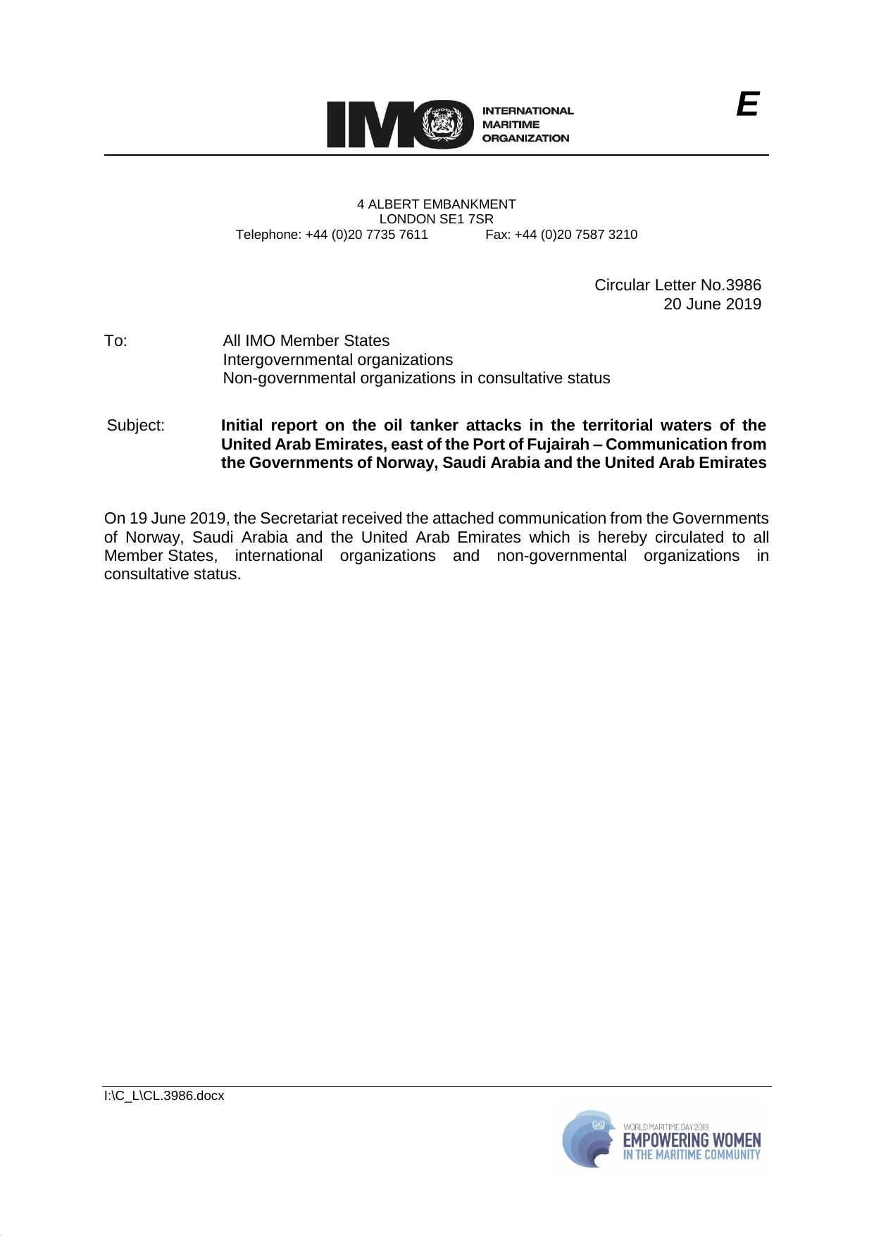 Circular Letter No. 3986 - Initial Report on the Oil Tanker Attacks in the Territorial Waters of the United Arab Emirates, East of the Port of Fujairah Ã¢ÂÂ Communication from th by Tamara V