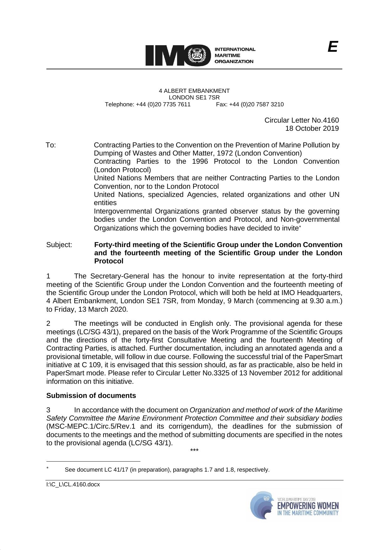 Circular Letter No. 4160 - Forty-Third Meeting of the Scientific Group Under the London Convention and the Fourteenth Meeting of the Scientific Group Under the London Protocol by Jennifer Rate