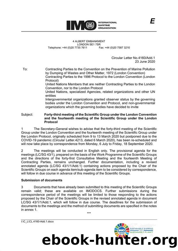 Circular Letter No. 4160Add.1 - Forty-third Meeting of the Scientific Group under the London Convention and the Fourteenth Meeting of the Scientific Group under the London Protocol by Redistributed by Regs4ships Ltd