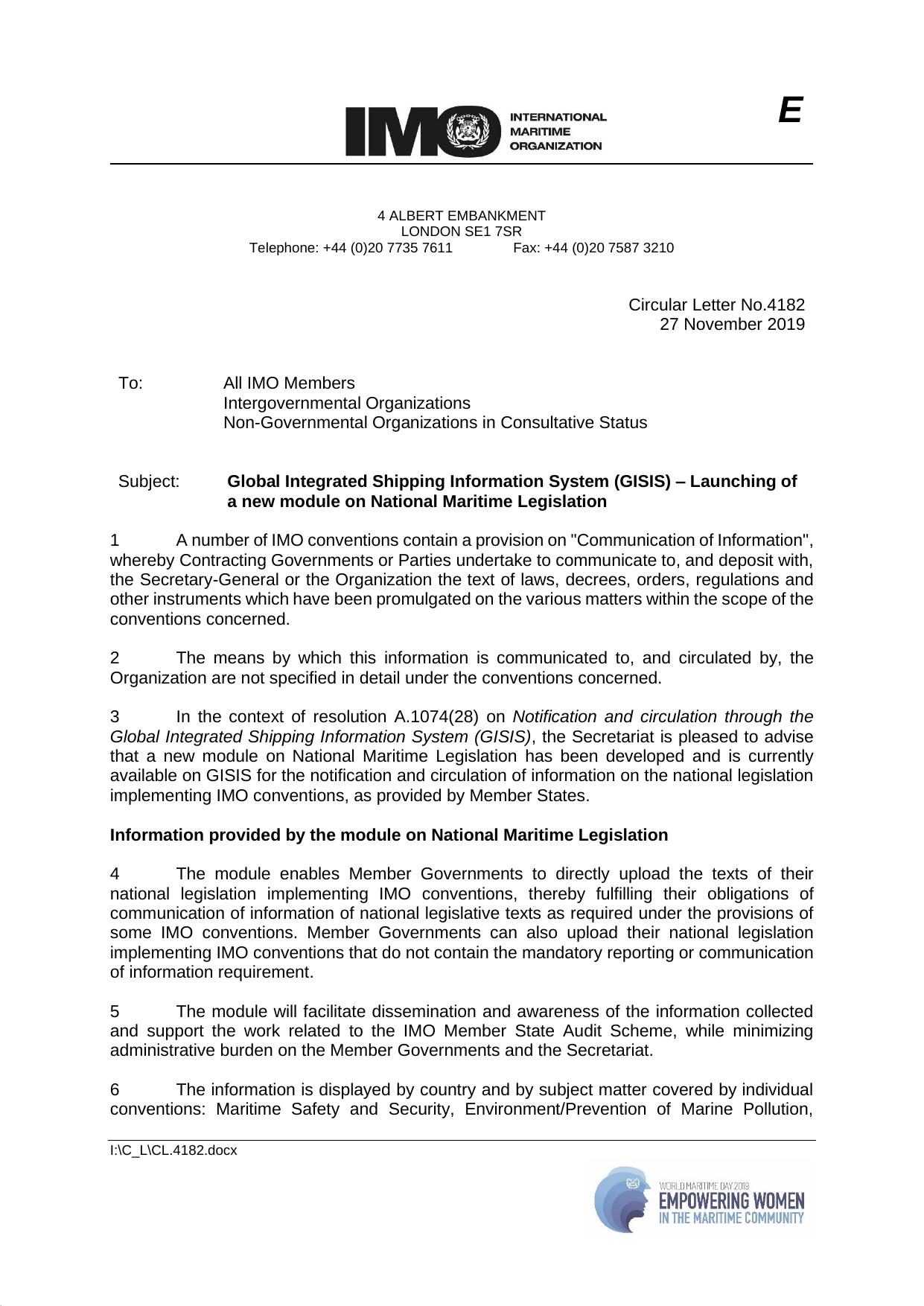 Circular Letter No. 4182 - Global Integrated Shipping Information System (GISIS) Ã¢ÂÂ Launching of a New Module on National Maritime Legislation by Aicha Cherif