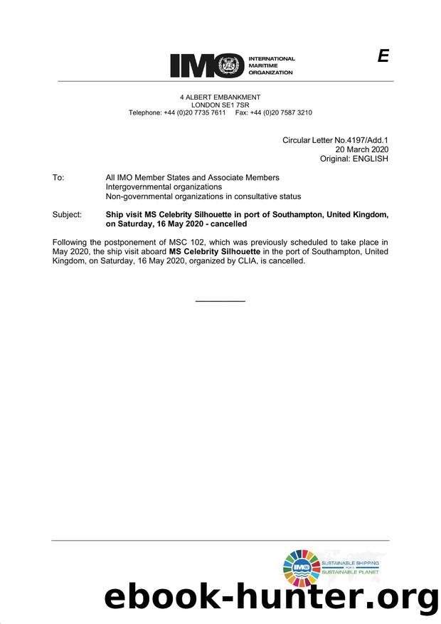 Circular Letter No. 4197Add.1 - Ship visit MS Celebrity Silhouette in port of Southampton, United Kingdom, by Redistributed by Regs4ships Ltd