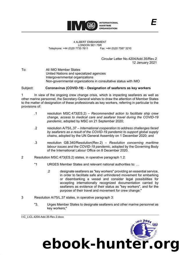Circular Letter No. 4204Add.35Rev.2 - Coronavirus (COVID-19): Designation of Seafarers as Key Workers by Redistributed by Regs4ships Ltd