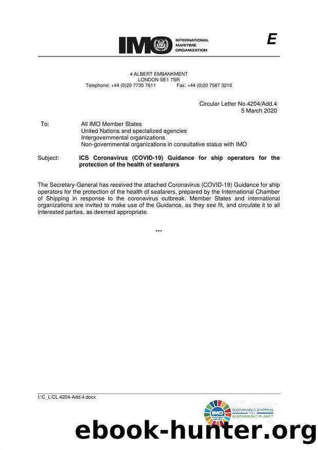 Circular Letter No. 4204Add.4 - ICS Coronavirus (COVID-19) Guidance for Ship Operators for the Protection of the Health of Seafarers by C Gregory