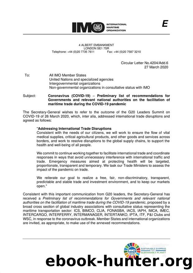 Circular Letter No. 4204Add.6 - Coronavirus (COVID-19) Ã¢ÂÂ Preliminary List of Recommendations for Governments and relevant National Authorities on the Facilitation of Maritime  by C Gregory
