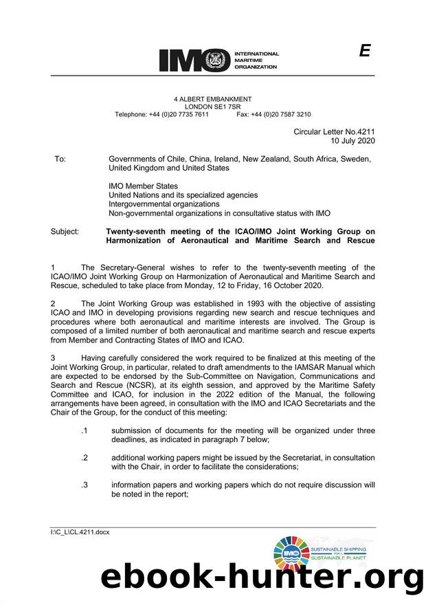 Circular Letter No. 4211 - Twenty-seventh meeting of the ICAOIMO Joint Working Group on Harmonization of Aeronautical and Maritime Search and Rescue by imo