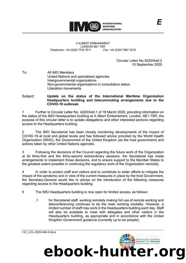 Circular Letter No. 4220Add.2 - Update on the status of the International Maritime Organization Headquarters building and telecommuting arrangements due to the COVID-19 outbreak by Alexandra M. Szczepanski
