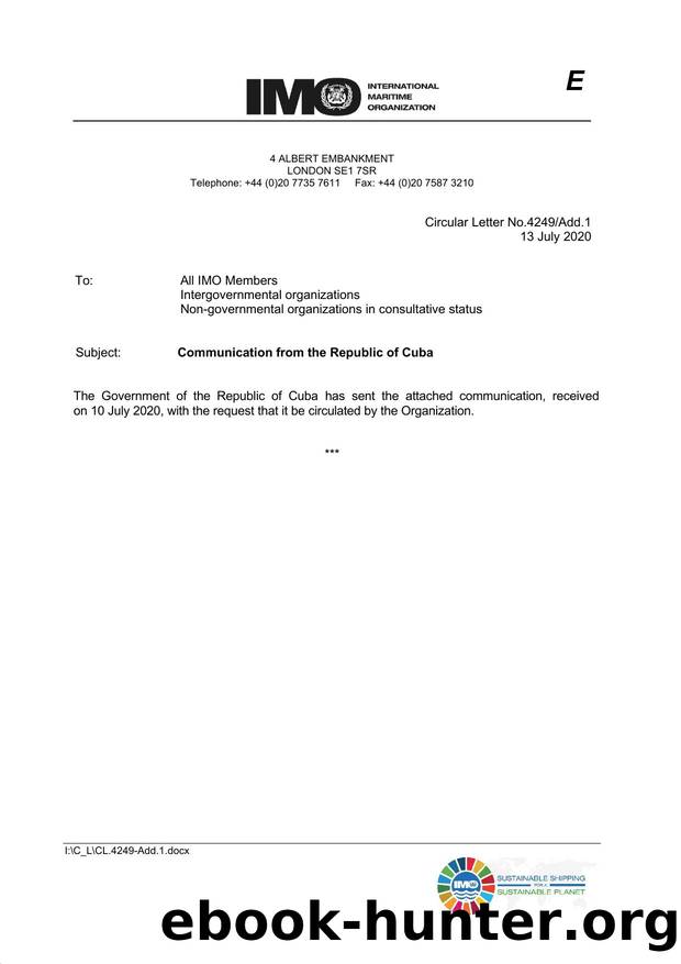 Circular Letter No. 4249Add.1 - Communication from the Republic of Cuba by Redistributed by Regs4ships Ltd