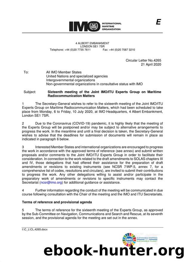 Circular Letter No. 4265 - Sixteenth meeting of the Joint IMOITU Experts Group on Maritime Radiocommunication Matters by LDell