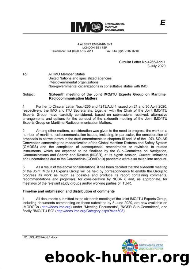 Circular Letter No. 4265Add.1 - Sixteenth meeting of the Joint IMOITU Experts Group on Maritime Radiocommunication Matters by Redistributed by Regs4ships Ltd