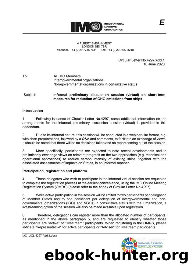 Circular Letter No. 4297Add.1 - Informal Preliminary Discussion Session (Virtual) on Short-Term Measures for Reduction of GHG Emissions from Ships by Redistributed by Regs4ships Ltd