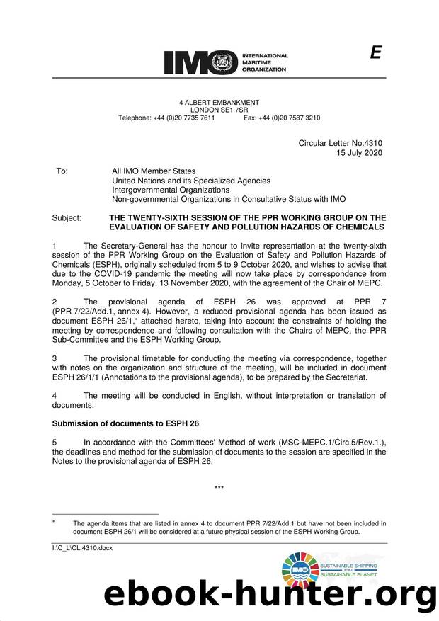 Circular Letter No. 4310 - The Twenty-Sixth Session of the PPR Working Group on the Evaluation of Safety and Pollution Hazards of Chemicals by Jennifer Rate