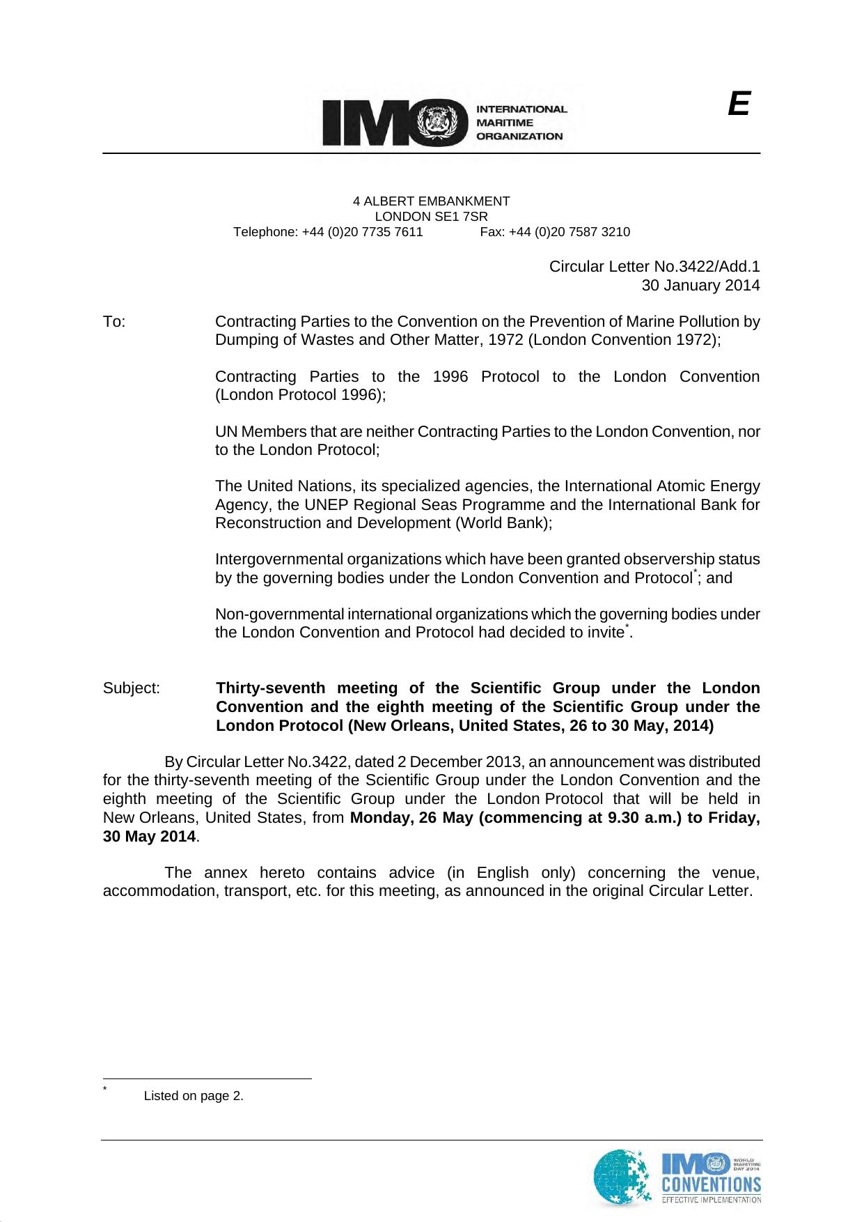 Circular Letter No.3422-Add.1 - Thirty-Seventh Meeting Of The Scientific Group Under The London Convention And The Eighth Meeting Of... (Secretariat) by JRate