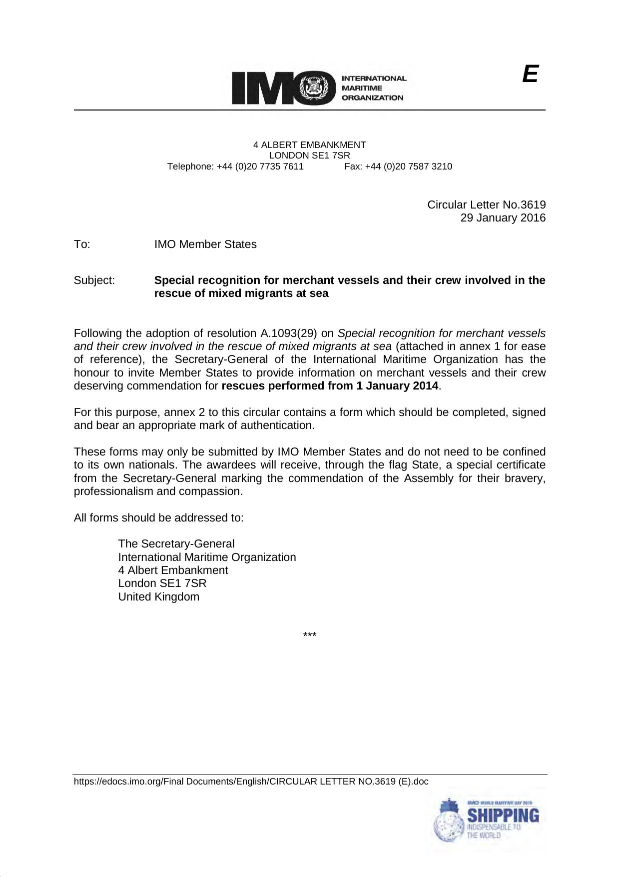 Circular Letter No.3619 - Special Recognition for Merchant Vessels and their Crew Involved in the Rescue of Mixed Migrants at Sea by Dany Broderick-Bunn