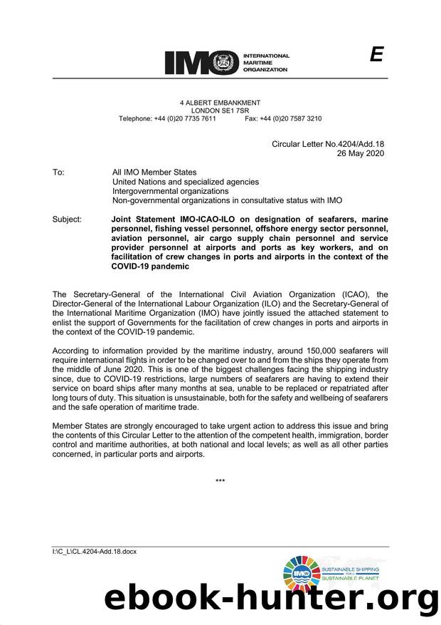 Circular Letter No.4204Add.18 - Joint Statement IMO-ICAO-ILO on Designation of Seafarers, Marine Personnel etc. as Key Workers by Redistributed by Regs4ships Ltd