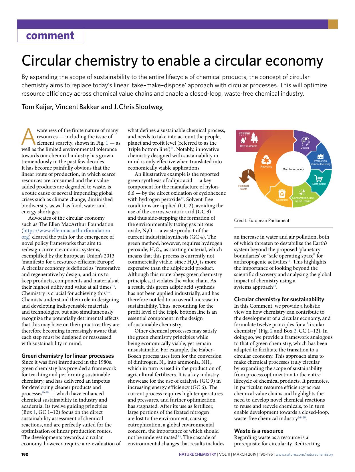 Circular chemistry to enable a circular economy by Tom Keijer & Vincent Bakker & J. Chris Slootweg