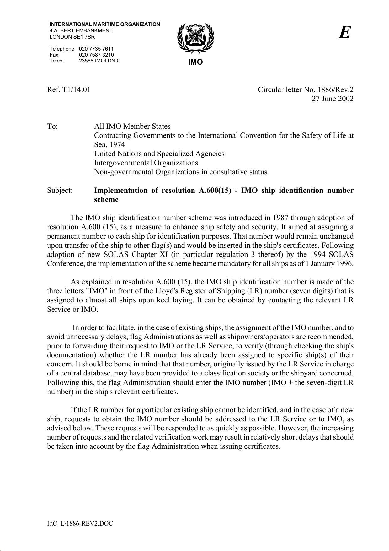 Circular letter No.1886-Rev.2 - Implementation of resolution A.600(15) - IMO ship identification numberscheme by Redistributed by Regs4ships Ltd