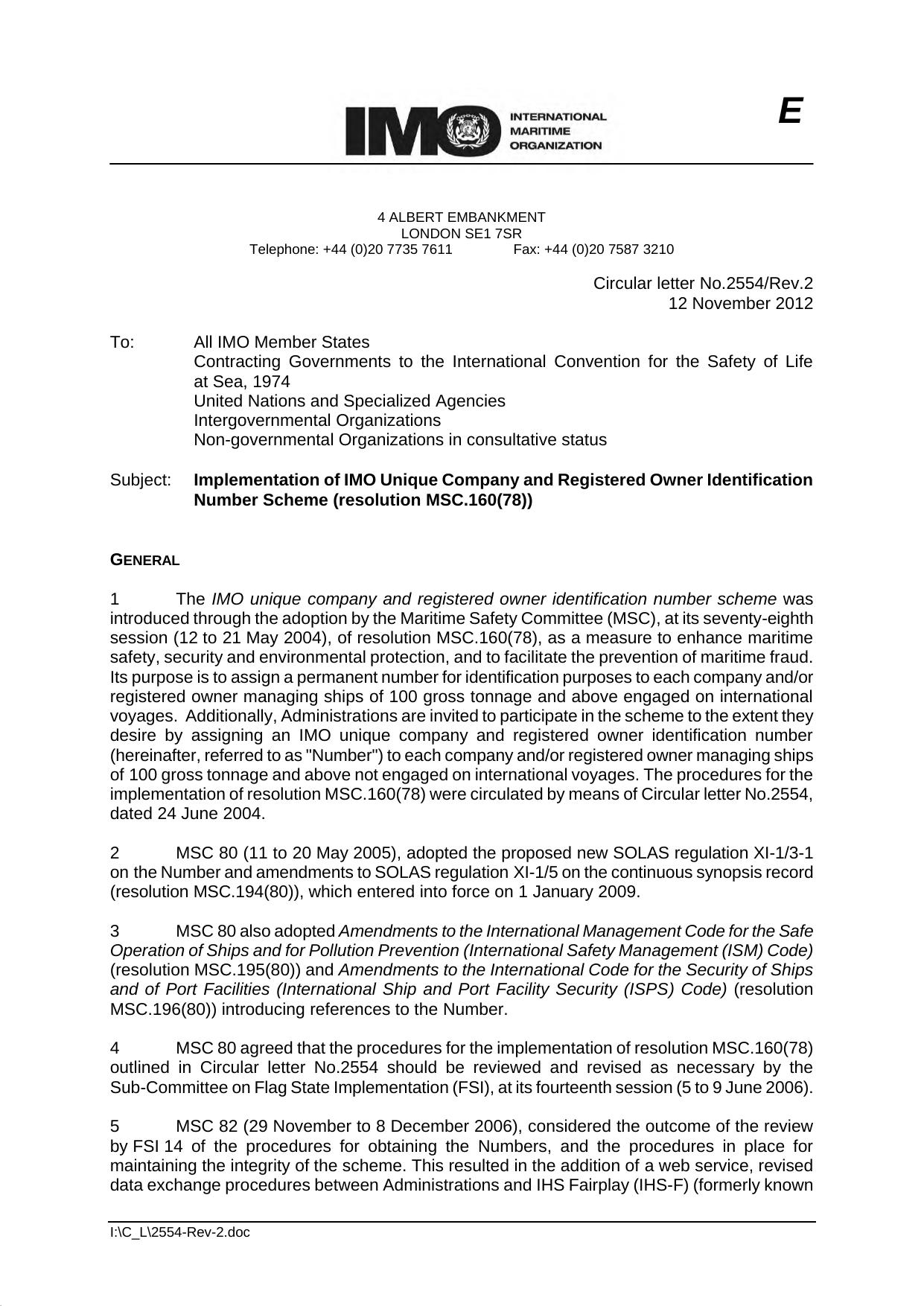 Circular letter No.2554-Rev.2 - Implementation Of Imo Unique Company And Registered Owner Identification Number Scheme (Resolution M... (Secretariat) by Redistributed by Regs4ships Ltd