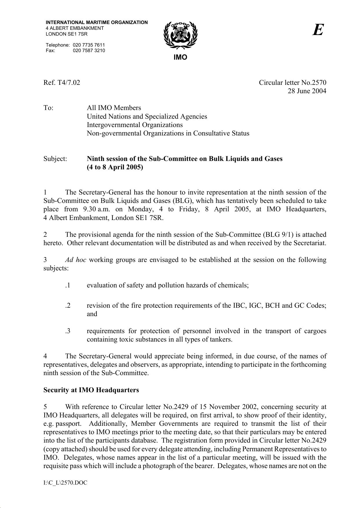 Circular letter No.2570 - All IMO MembersUnited Nations and Specialized Agencies Intergovernmental Organizations Non-governmen... (Secretariat) by Redistributed by Regs4ships Ltd