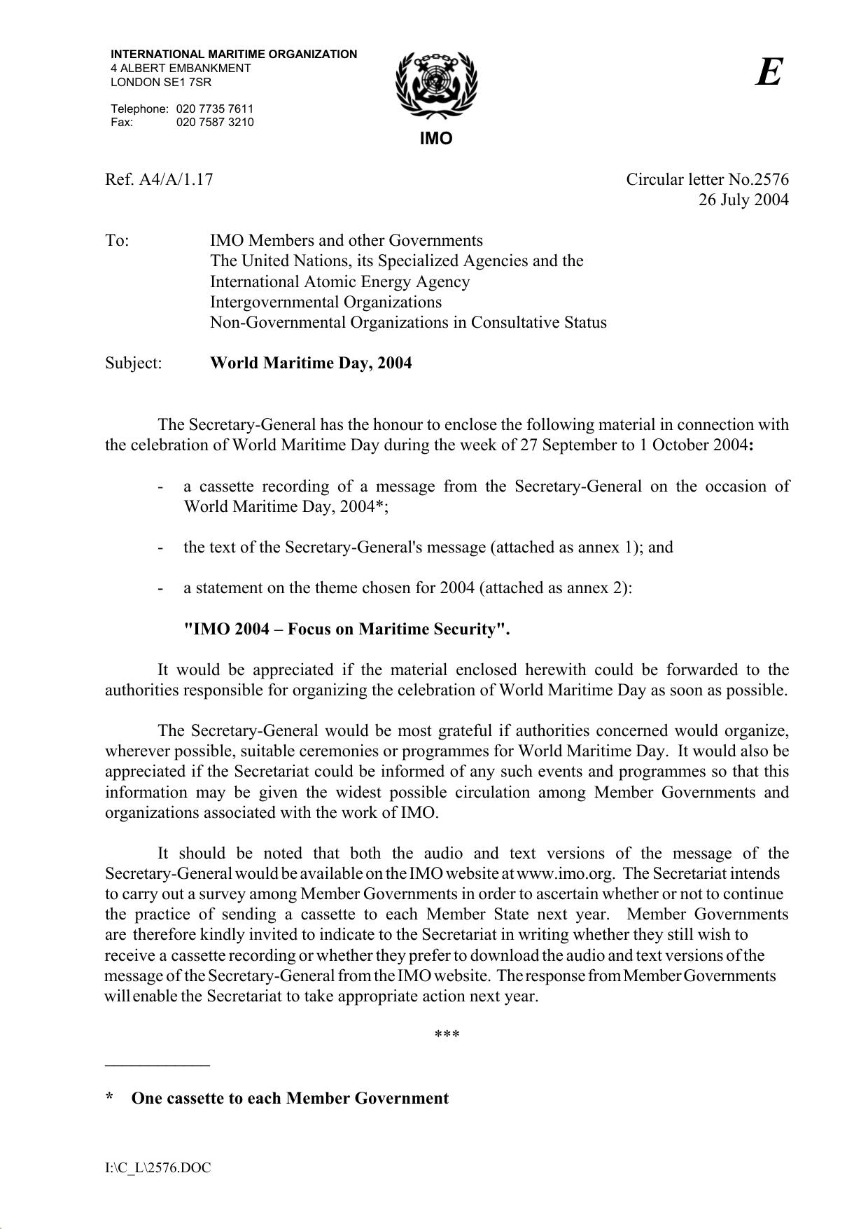 Circular letter No.2576 - To IMO Members and other GovernmentsThe United Nations, its Specialized Agencies and theInternationa... (Secretariat) by Redistributed by Regs4ships Ltd