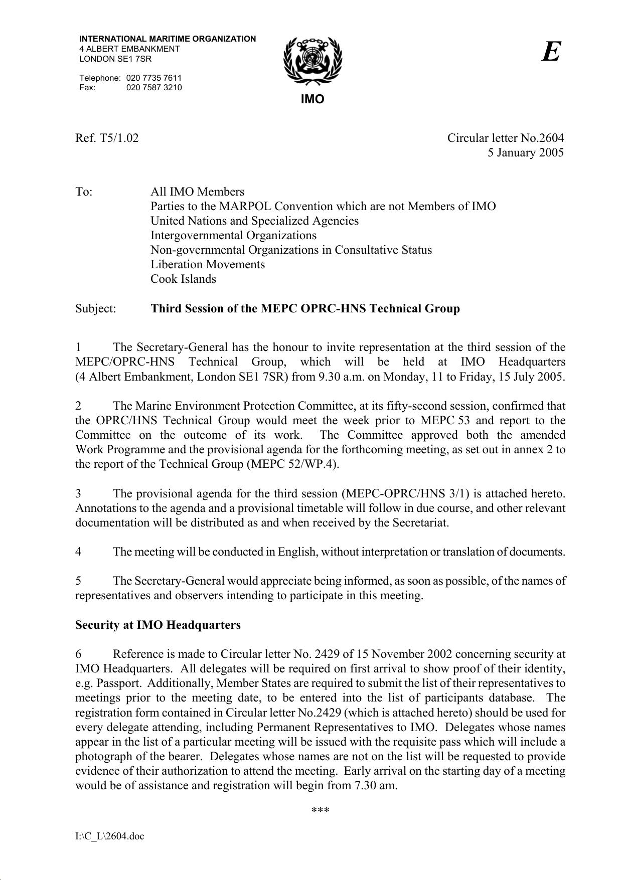 Circular letter No.2604 - Third Session Of The Mepc Oprc-Hns Technical Group Imo Headquarters (4 Albert Embankment, London Se... (Secretary-General) by Redistributed by Regs4ships Ltd