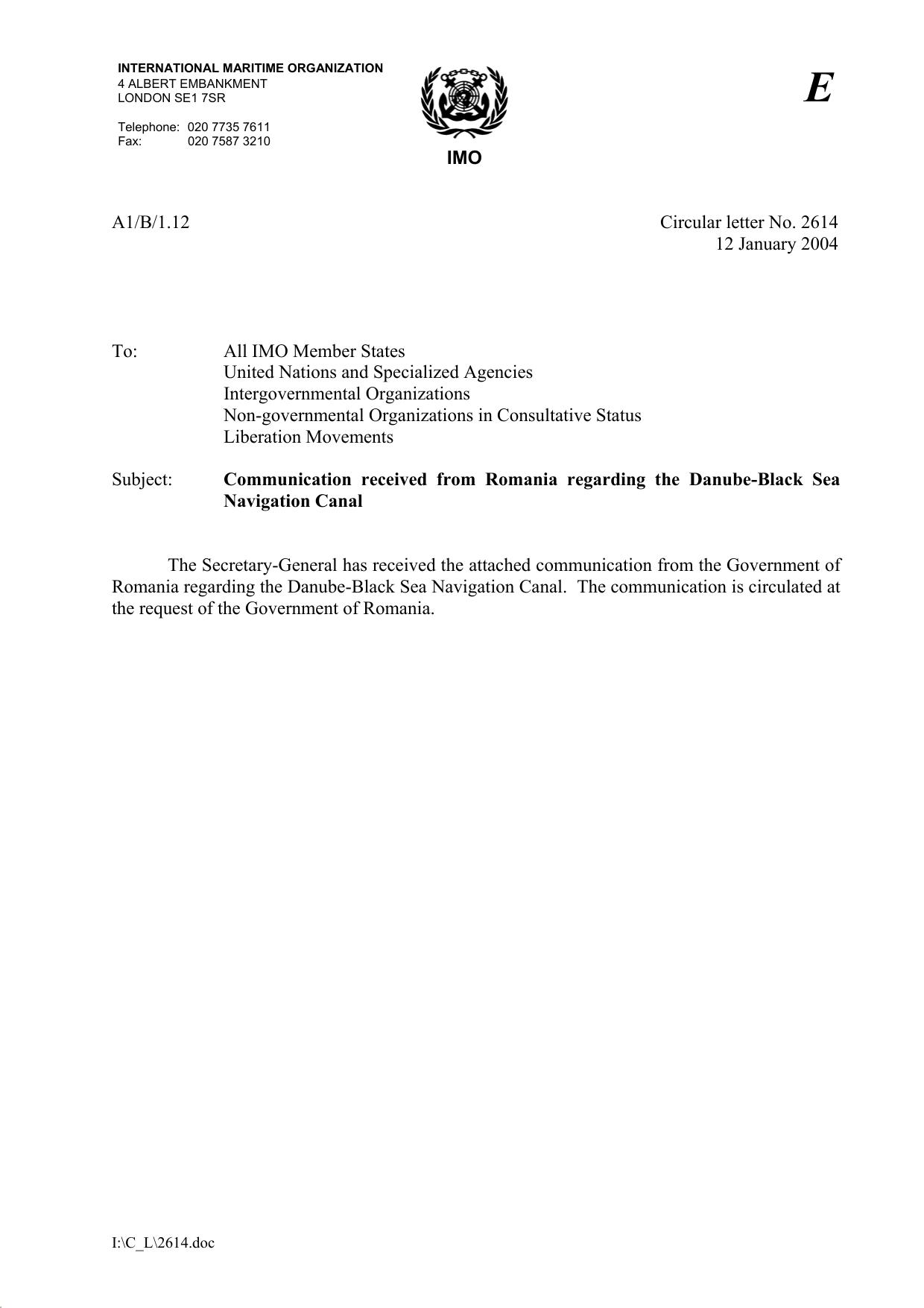 Circular letter No.2614 - Communication Received From Romania Regarding The Danube-Black Sea Navigation Canal (Secretary-General) by Redistributed by Regs4ships Ltd