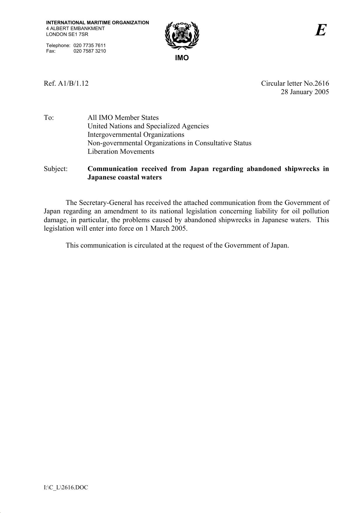 Circular letter No.2616 - Communication Received From Japan Regarding Abandoned Shipwrecks In Japanese Coastal Waters... (Secretary-General) by SWARLOW