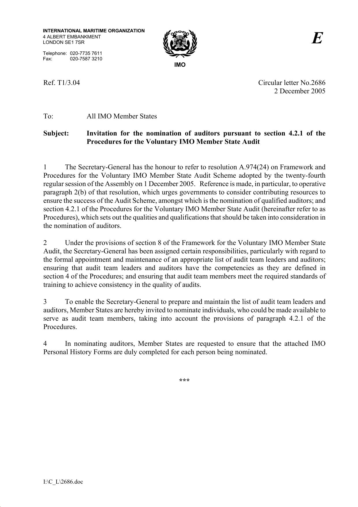 Circular letter No.2686 - Invitation For The Nomination Of Auditors Pursuant To Section 4.2.1 Of The Procedures For... (Secretary-General) by SGUNATIL