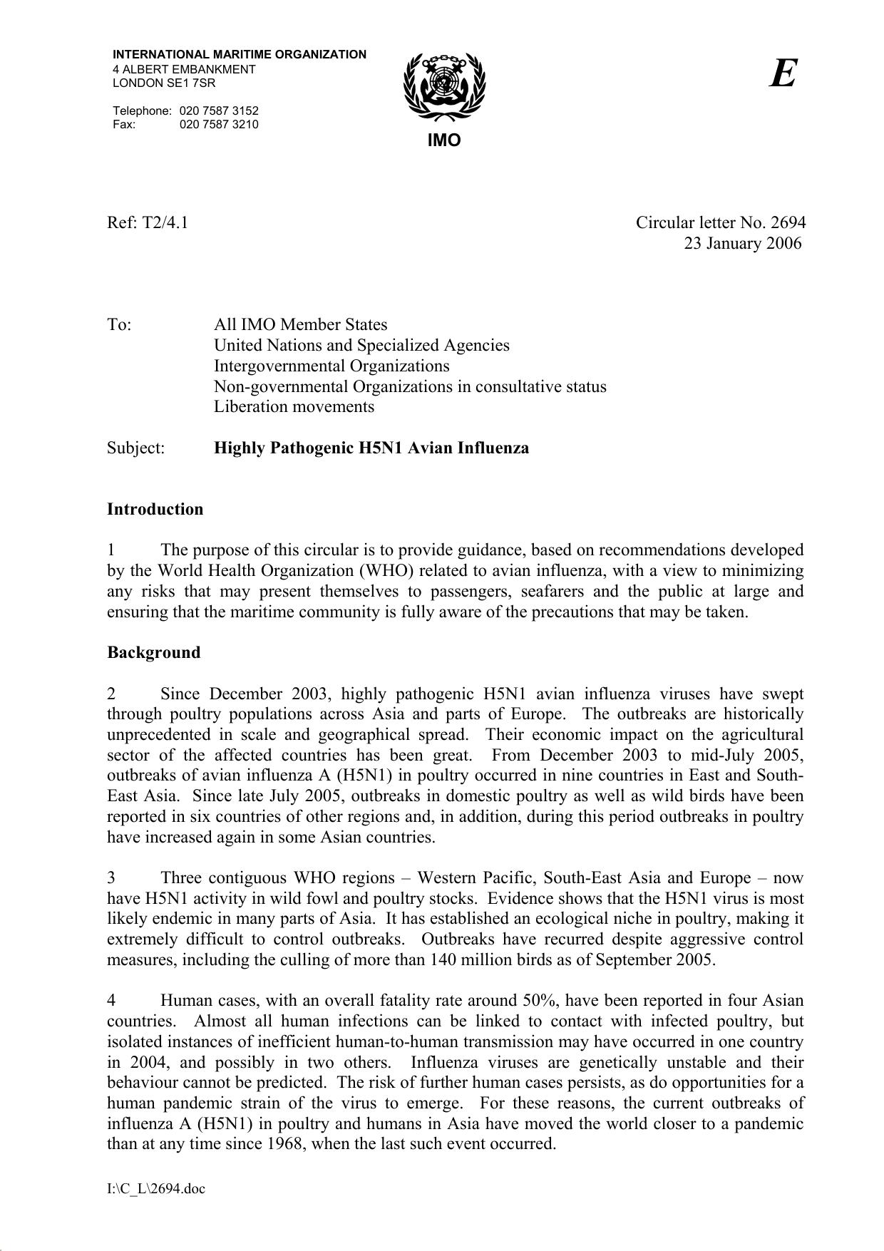 Circular letter No.2694 - To All IMO Member States United Nations and Specialized Agencies Intergovernmental Organizations... (Secretariat) by EADAMS
