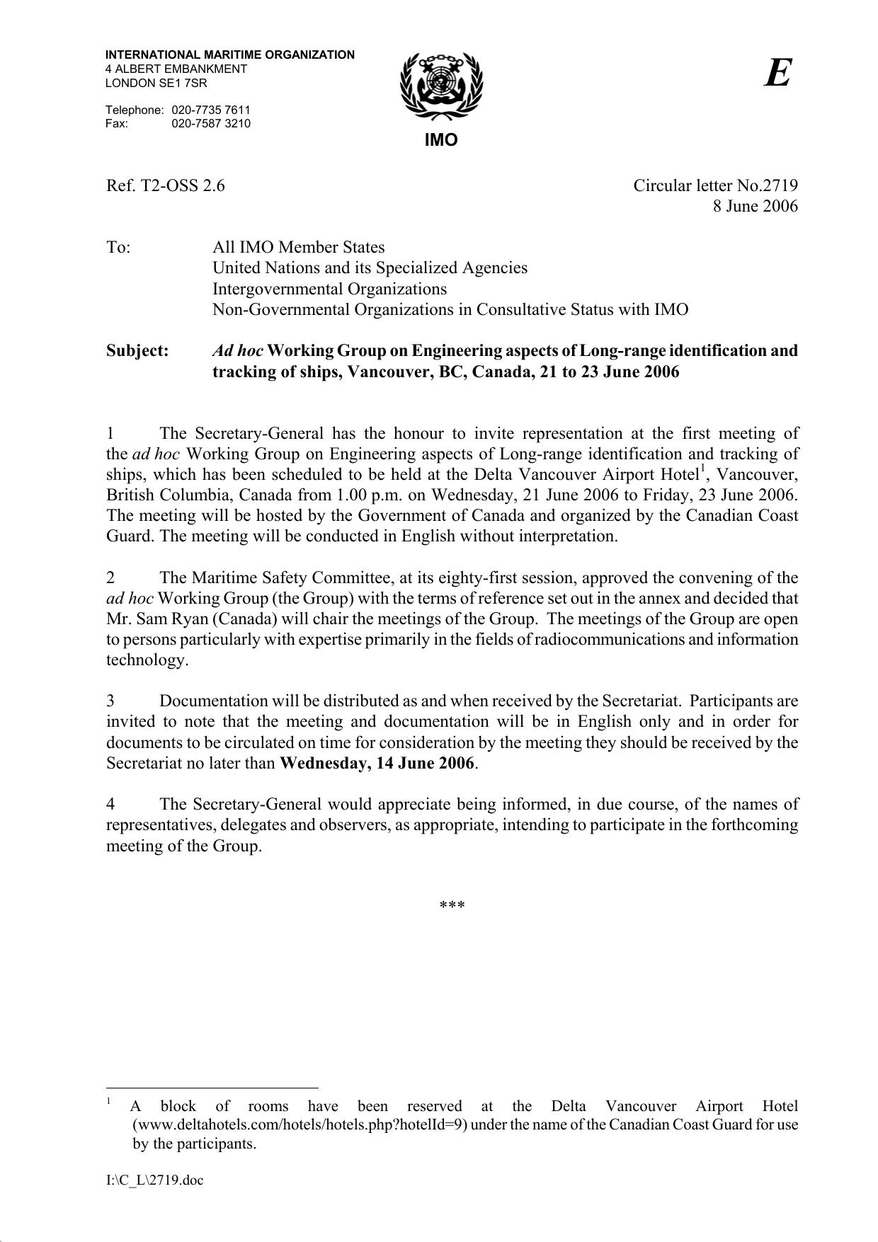 Circular letter No.2719 - To All IMO Member StatesUnited Nations and its Specialized AgenciesIntergovernmental OrganizationsNo... by SAMARANA
