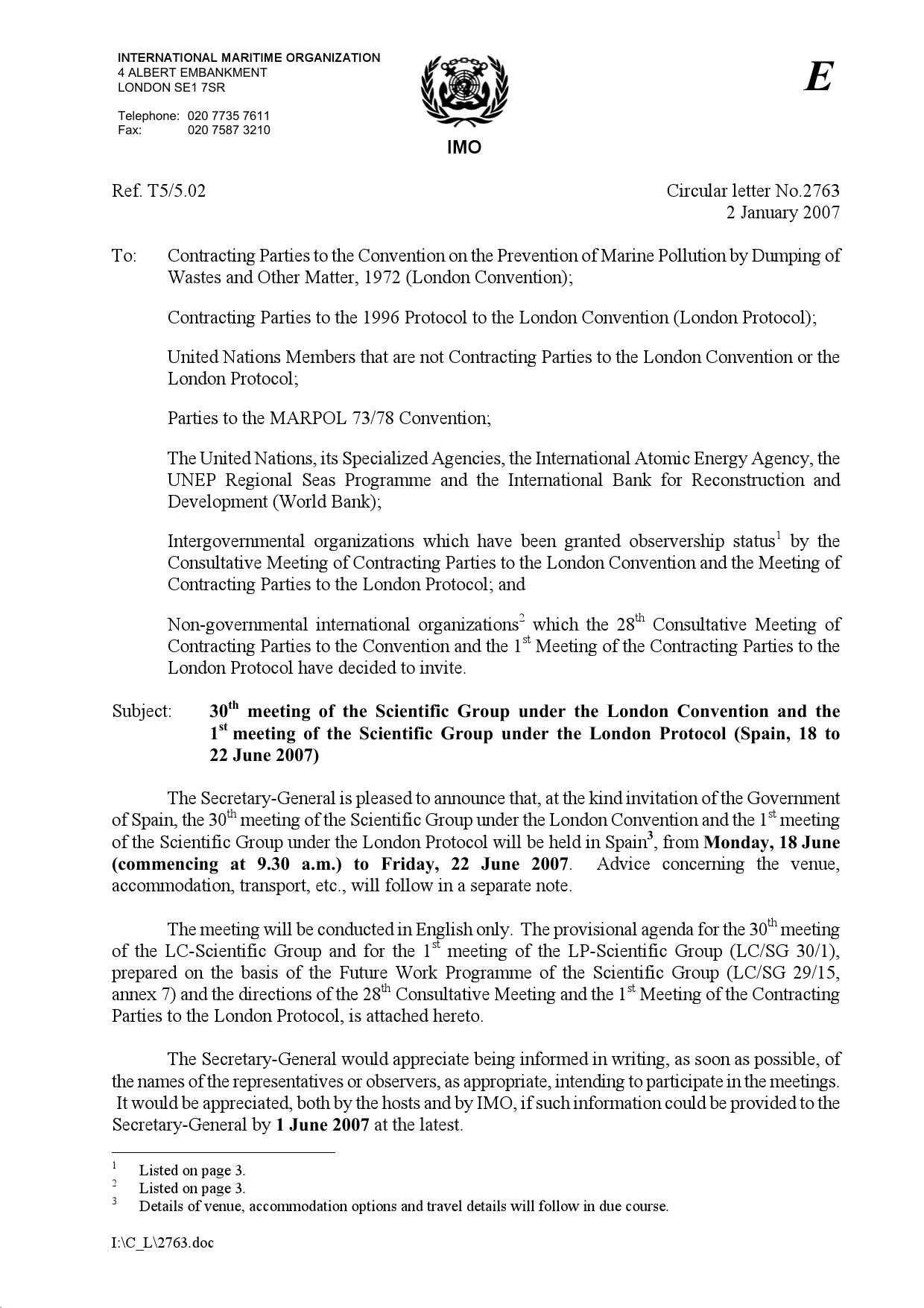 Circular letter No.2763 - 30Th Meeting Of The Scientific Group Under The London Convention And The 1St Meeting Of The Scientif... (Secretary-General) by SSAMARAN