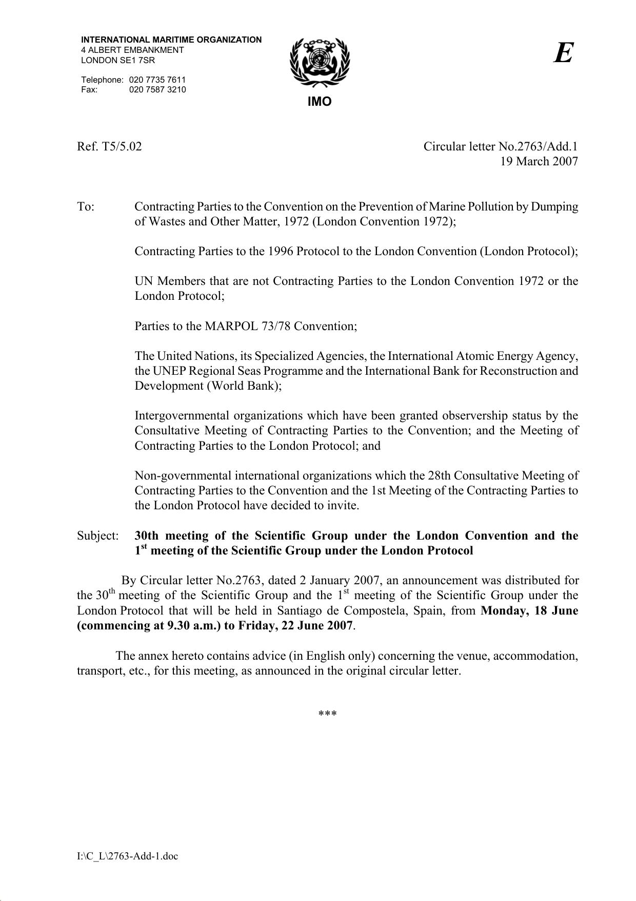 Circular letter No.2763-Add.1 - 30Th Meeting Of The Scientific Group Under The London Convention And The 1St Meeting Of The Sci... (Secretariat) by DBRYANT