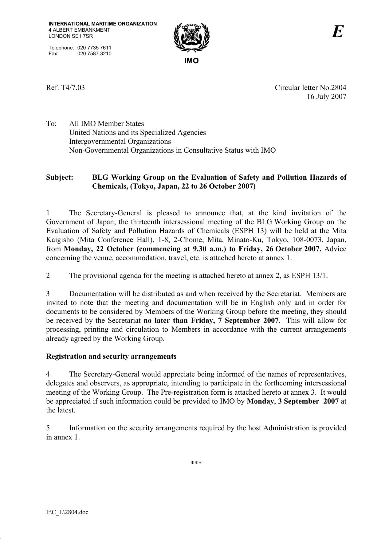 Circular letter No.2804 - Blg Working Group On The Evaluation Of Safety And Pollution Hazards Of Chemicals, (Tokyo, Japan, 22... (Secretary-General) by DBRYANT