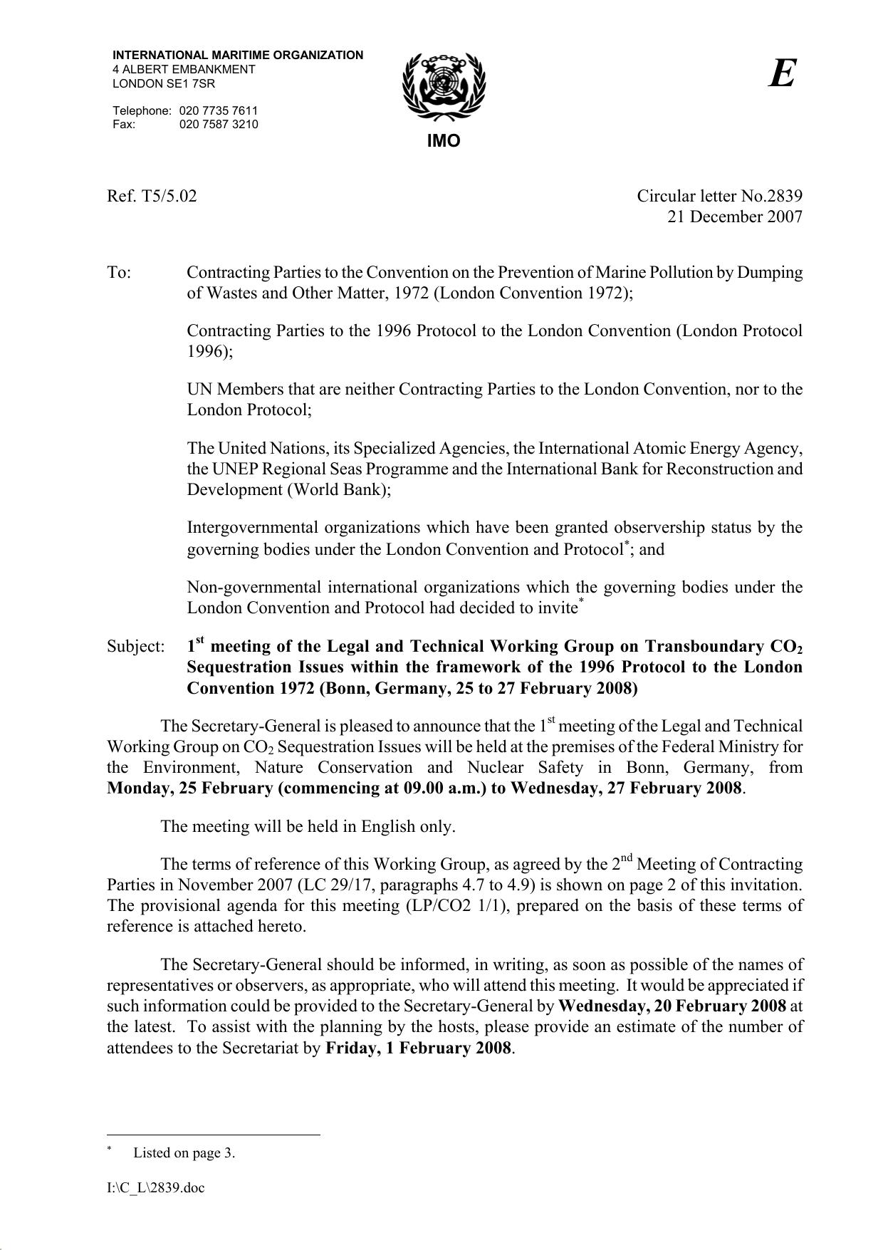 Circular letter No.2839 - 1St Meeting Of The Legal And Technical Working Group On Transboundary Co2 Sequestration Issues Wit... (Secretariat) by dbryant