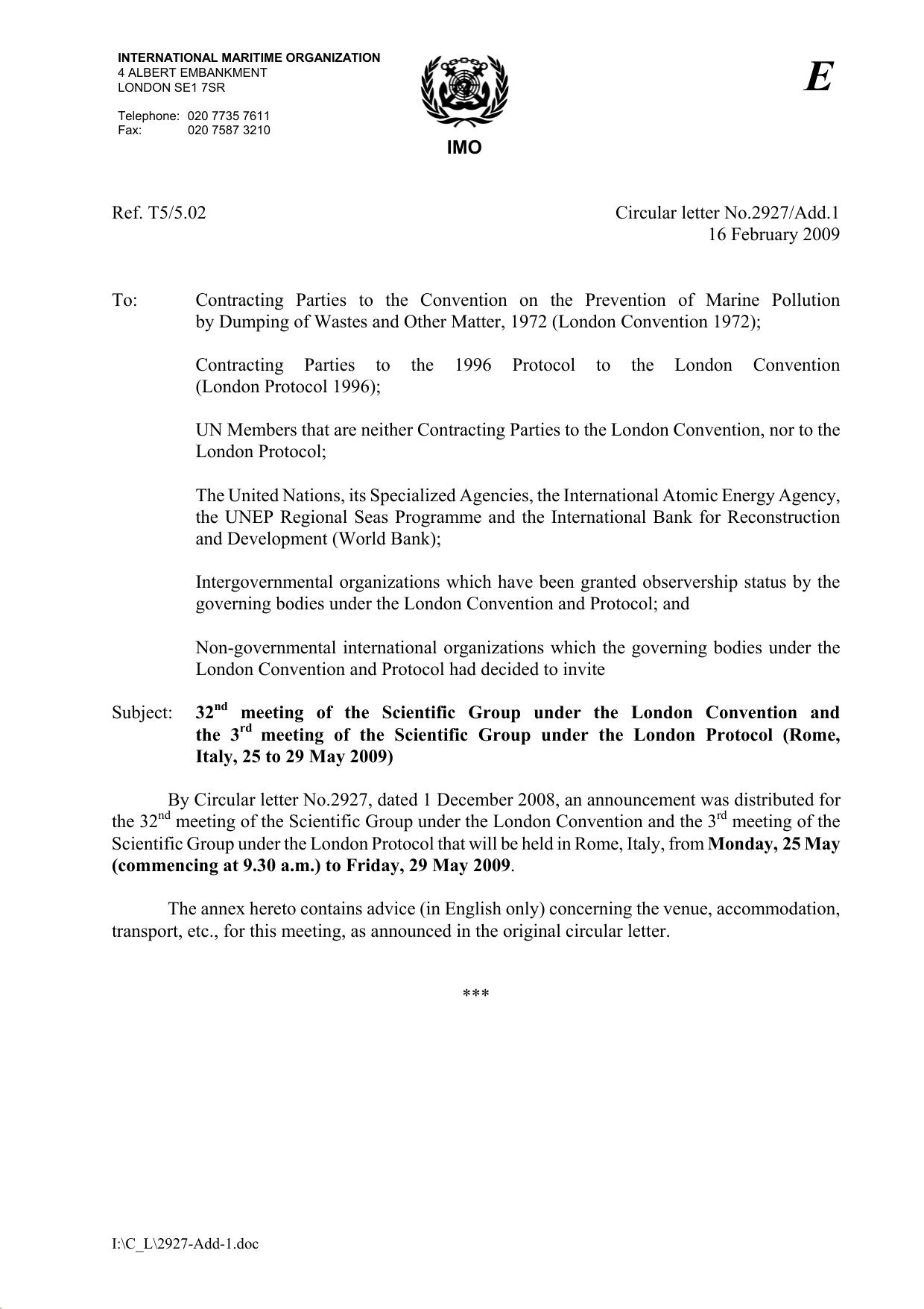 Circular letter No.2927-Add.1 - 32Nd Meeting Of The Scientific Group Under The London Convention And The 3Rd Meeting Of The Scientif... (SEcretariat) by EADAMS