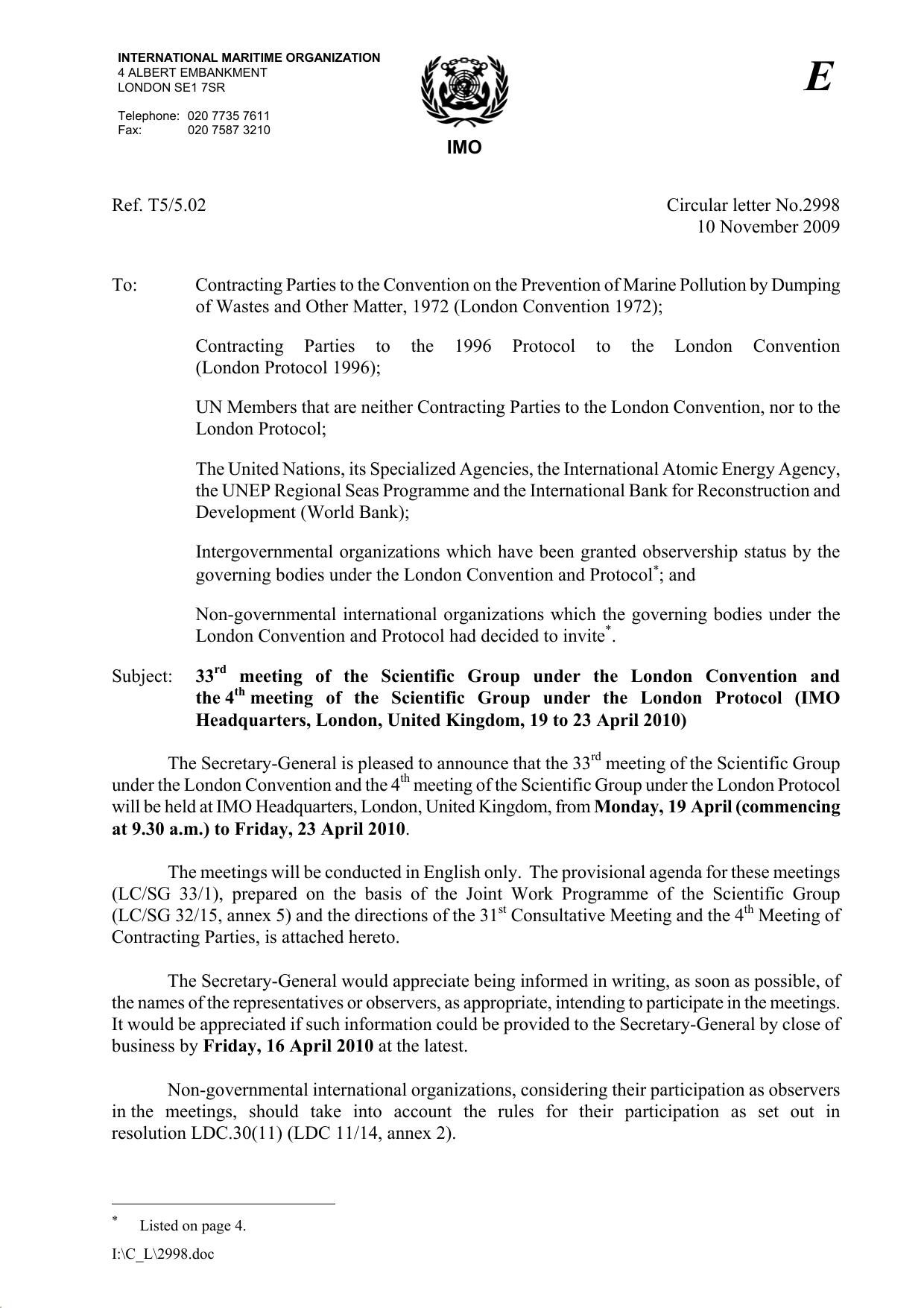 Circular letter No.2998 - 33Rd Meeting Of The Scientific Group Under The London Convention And The 4Th Meeting Of The Scientif... (Secretary-General) by dbryant