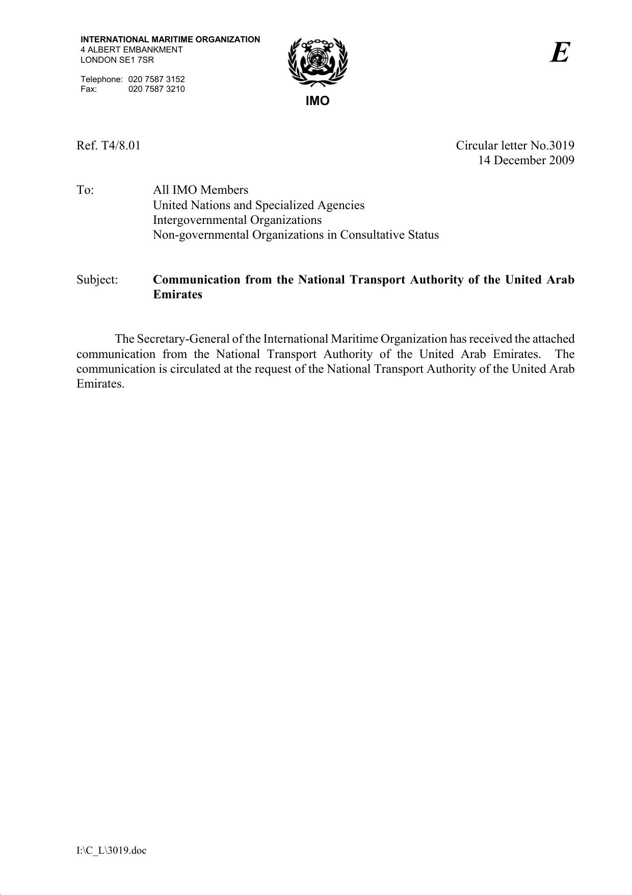 Circular letter No.3019 - Communication From The National Transport Authority Of The United Arab Emirates (Secretary-General) by lzammit