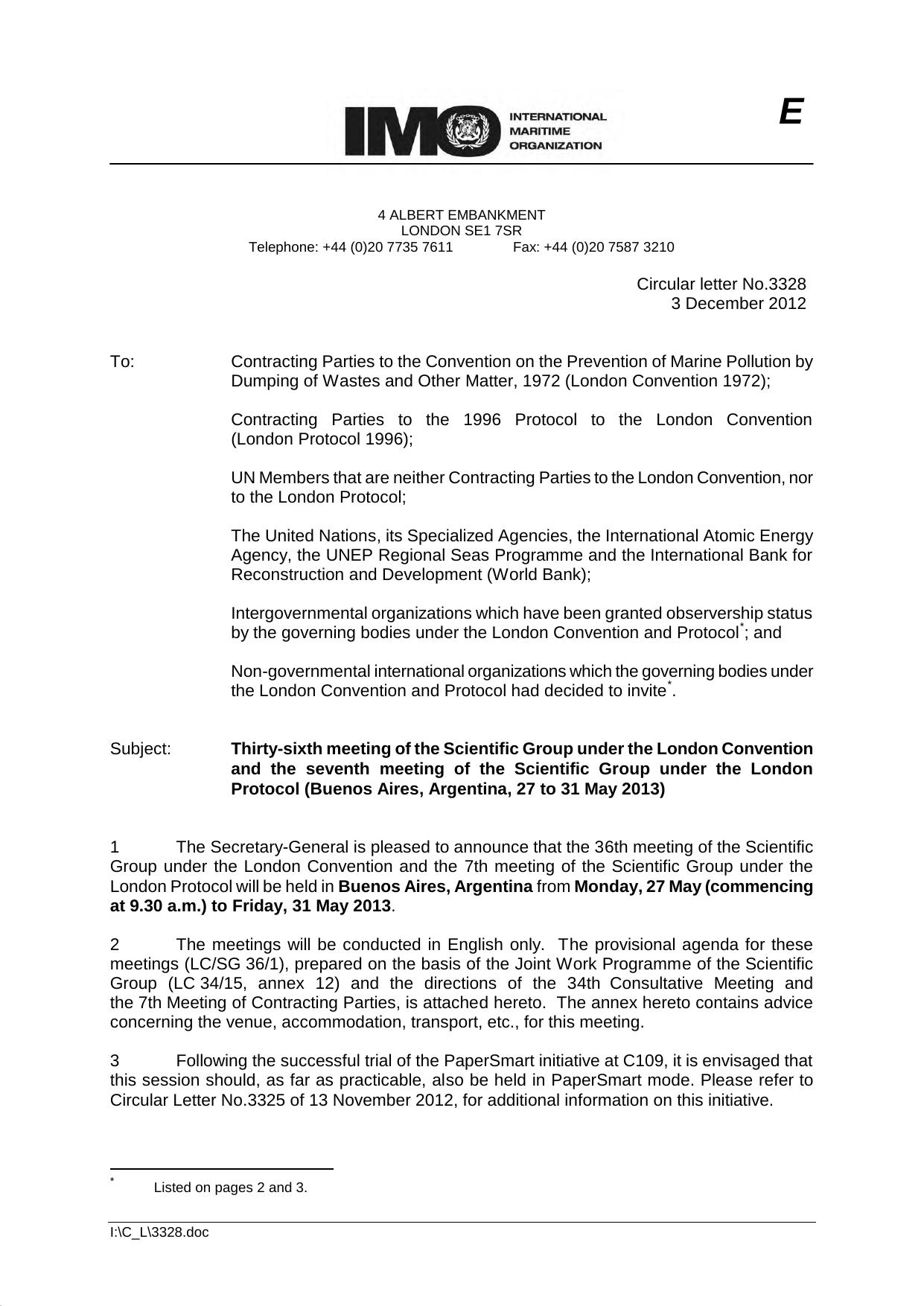 Circular letter No.3328 - Thirty-Sixth Meeting Of The Scientific Group Under The London Convention And The Seventh Meeting Of... (Secretary-General) by Fredrik Haag